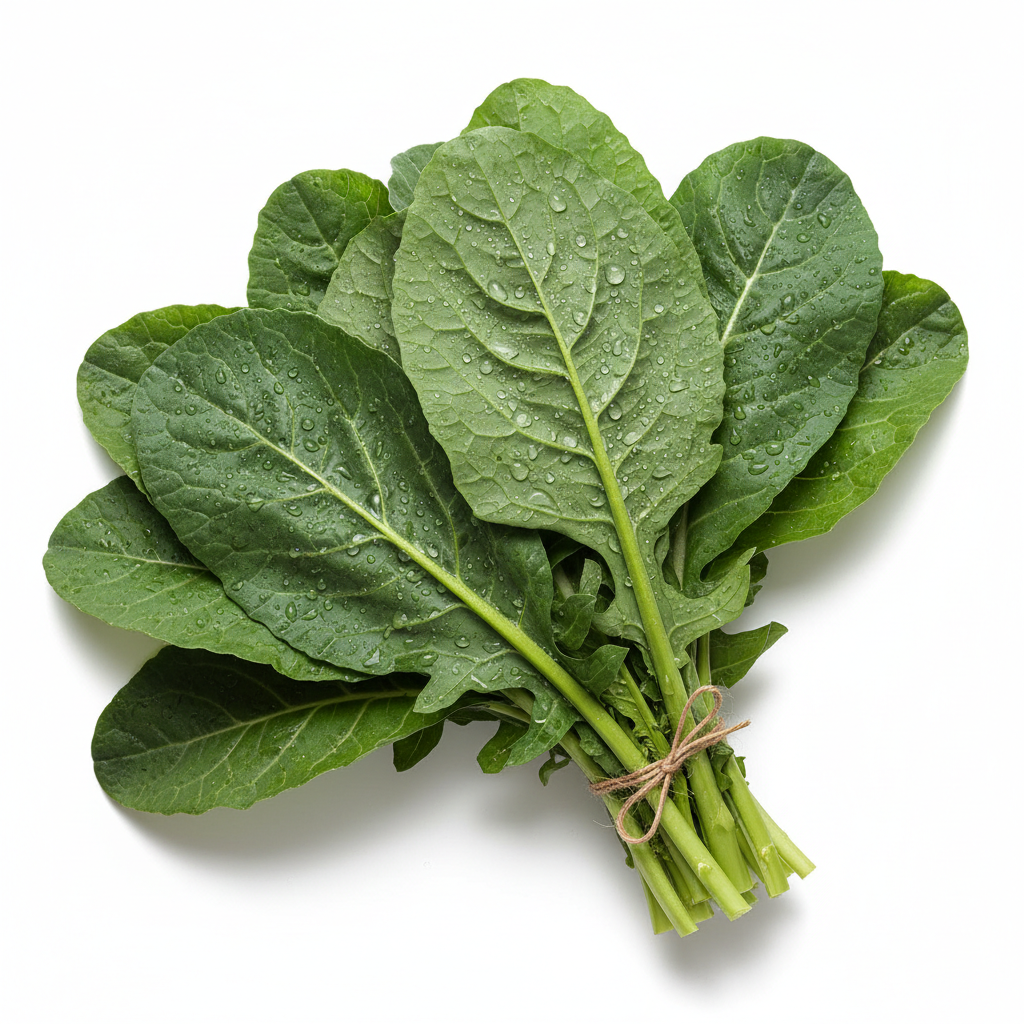 Bundle of fresh organic collard greens with water droplets
