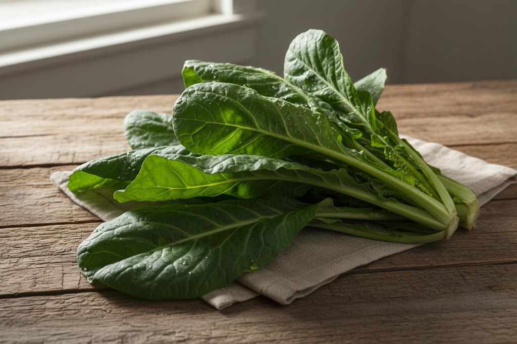 Fresh organic collard greens on a rustic wooden surface